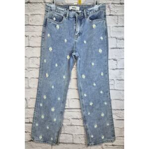 Mica Denim Daisy Embroidered Jeans High Rise Straight Slit Sz 27 Cottagecore